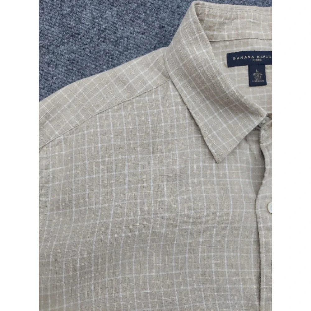 Banana Republic Linen Shirt Mens Large Beige Plaid Check Short Sleeve Camp Beach